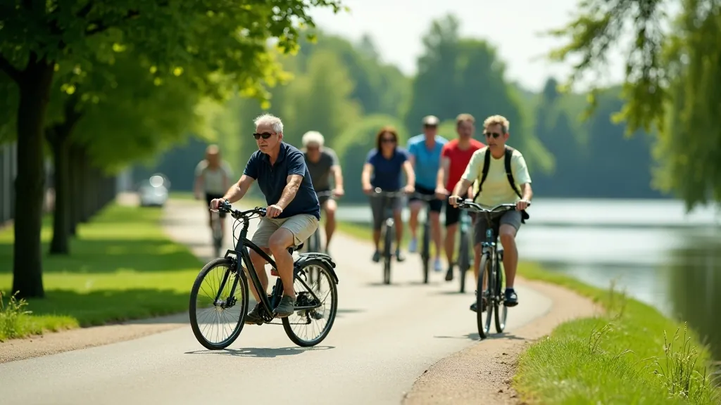 Starší cyklisté jedoucí na elektrokolech na plochém terénu podél řeky s stromy v pozadí