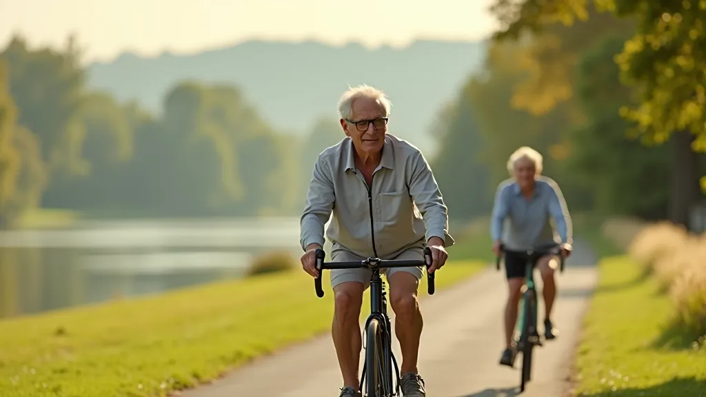Skupiny starších cyklistů jedoucí podél řeky Labe na elektrických kolech s krásnou přírodou v pozadí